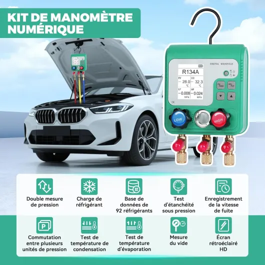 Kit Recharge Climatisation Voiture Digitale HVAC Manifold Gauge Manometer pour Charger 93 Réfrigérants R134A R410A R32
