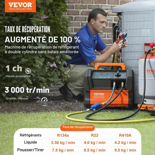Station de Récupération Fluides Frigorigènes 1 HP, Machine de Récupération de Réfrigérant Portable, Double Cylindre, Moteur sans Balais de 3000 TR/Min, pour Auto, Climatisation, CVC Domestique