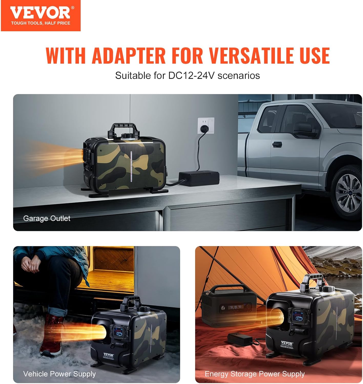 Chauffage Diesel 8 KW, Réchauffeur d'air Diesel 12/24/220 V, Contrôle par App Bluetooth, Télécommande et Écran d'Affichage, Alarme CO, Portable et Horizontal, pour Caravane Camping Car