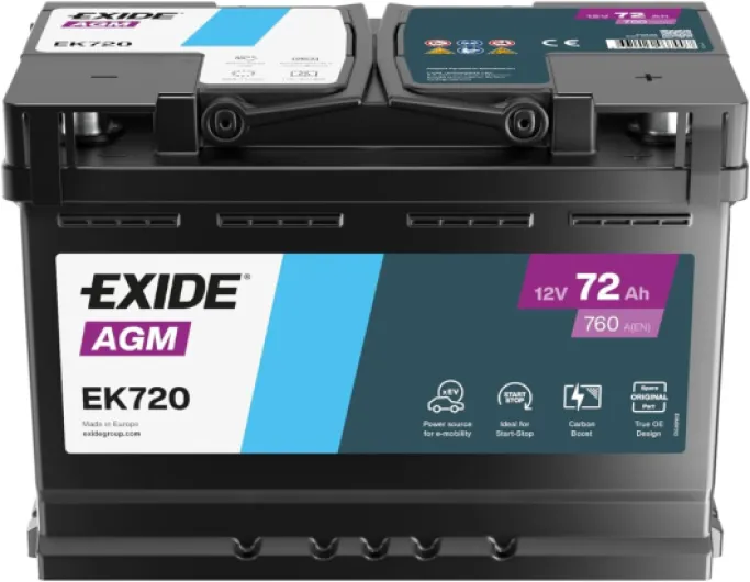 Exide EK720 Batterie Auto AGM 12V Plomb-Acide pour véhicules Start Stop et xEV - 72Ah 760A - Haute Performance