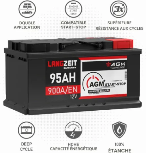 LANGZEIT batterie voiture AGM 95Ah 12V start-stop auto remplace 90Ah 92Ah