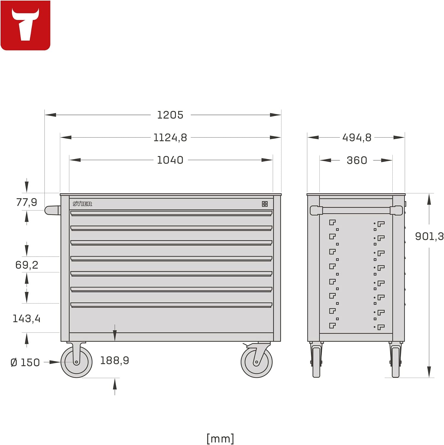 Servante d'atelier STIER XXL Vide 7 Schubladen