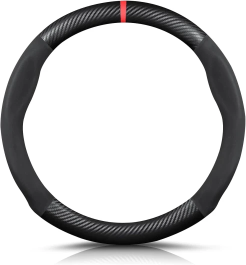 Forme Ronde Fibre de Carbone & Microfibre PU Cuir Couvre Volant Antidérapant Couvre Volant Voiture Respirant Sport Housse Volant Voiture pour Diamètre 38cm(15")-Noir Rouge