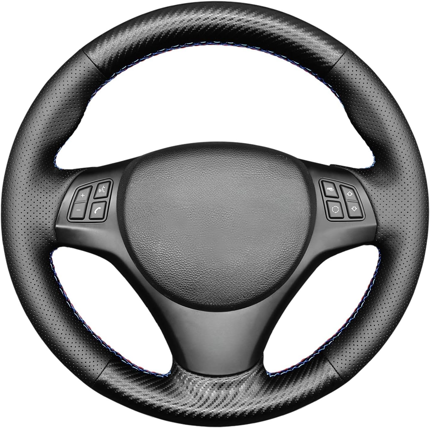 MEWANT Housse de Volant pour BMW (M Sport) Série 1 E87/ E81/ E82 (Coupe)/E88 (Cabriolet) / M E82/ Série 3 E90 (Berline)/E91 (Coupé)/E92 (Coupé)/E93/ X1 E84/ M3 E90 (Berline)/E92 (Berline)/E92 Style 06 : fibre de carbone + cuir PU + fil 3M