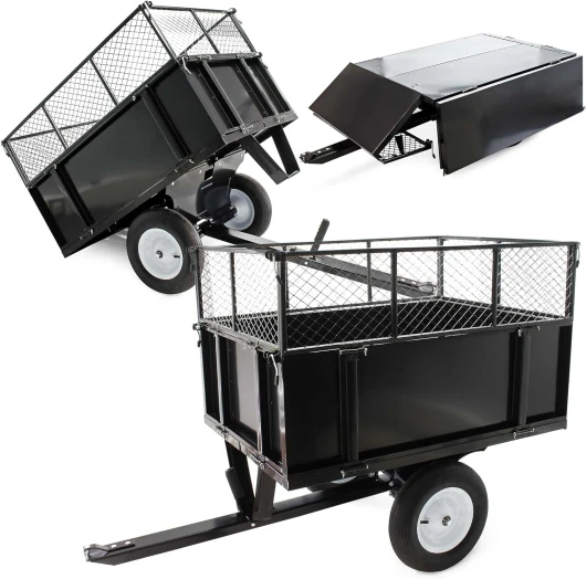 Remorque basculante sur pneus – 114 x 76 x 30 cm – avec Grille rehaussée et Parois Amovibles – Dispositif d’attelage Universel – Jardinage, Transport