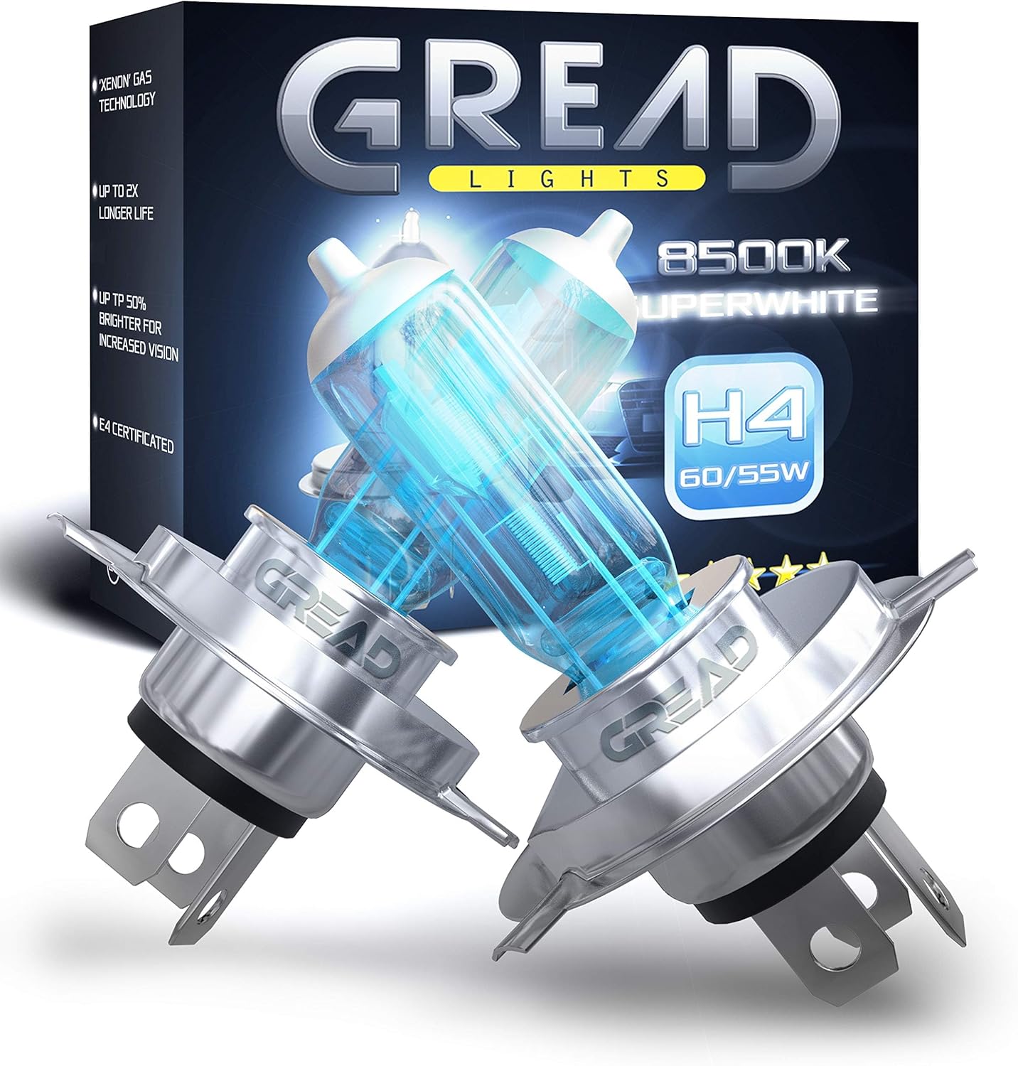 Gread - Halogène Ampoules de phare H4 55W pour voitures, Apparence au xénon, 8500k super blanc, 2 pièces