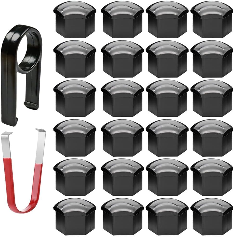Gebildet 24pcs Capuchon d'écrou de Roue 17mm Capuchons d'écrou de Boulon de Roue, Cache-écrous de Pneu hexagonaux avec Ensemble d'outils de démontage pour Voitures (Noir)