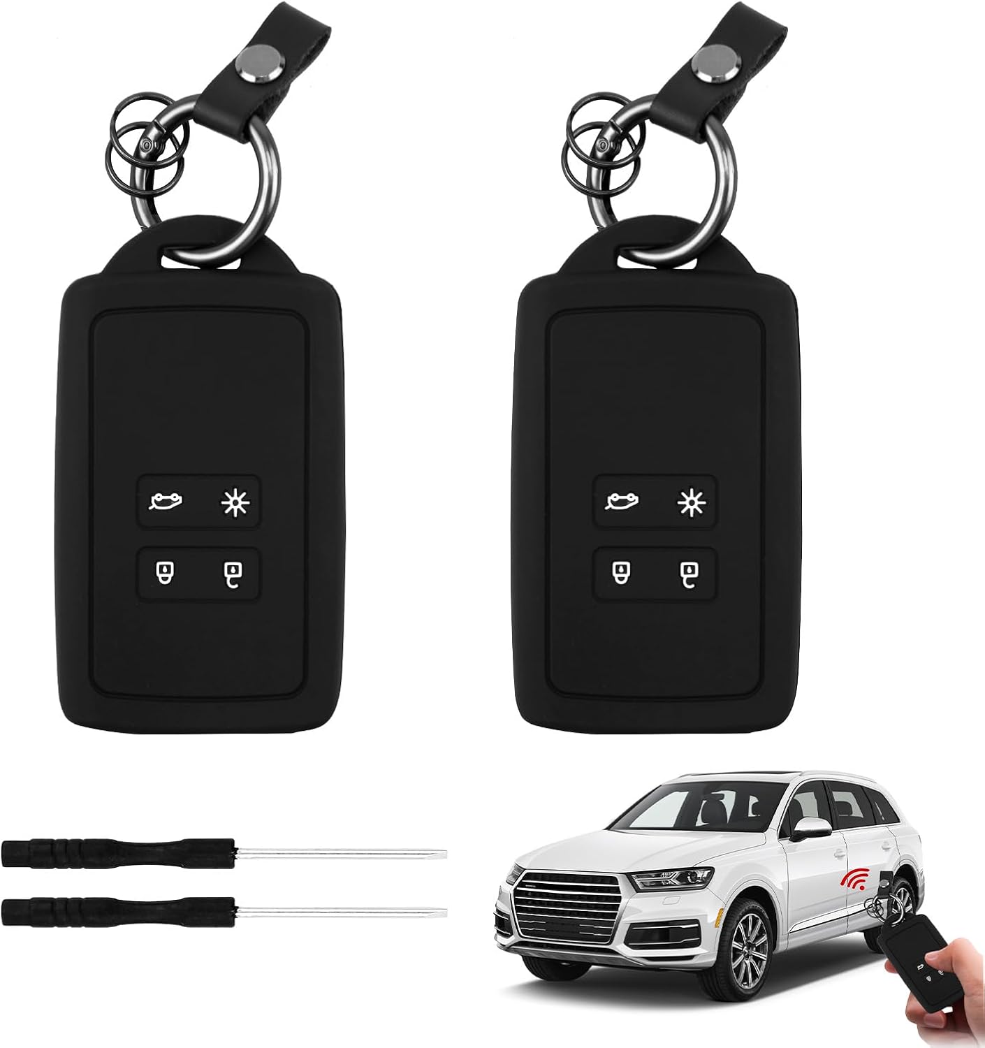 Etui Carte pour Renault Dacia à 4 Boutons, 2pcs Coque de Protection 2 Pcs Porte-Clés 2 Pcs Gadgets Protège Clé Voiture en Silicone Accessoire Protecteur pour Clio/Espace 5/Master Bus/Talisman