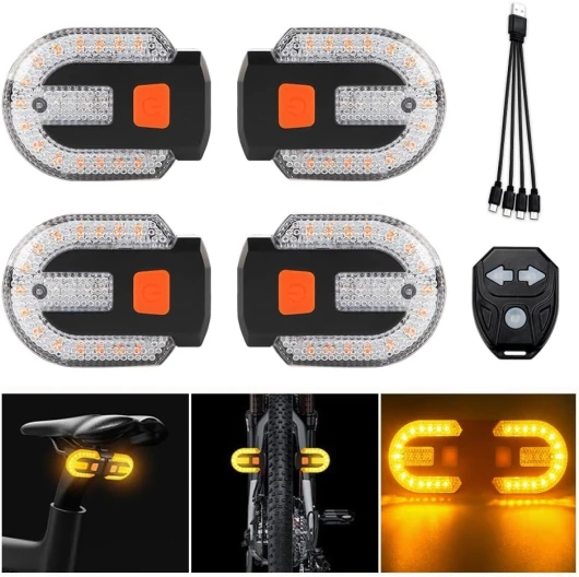 Feu arrière de vélo, télécommande avec Chargeur USB, Clignotant de vélo divisé/intégré avec Alarme, 5 Modes de lumière stroboscopique étanche pour l'avant et l'arrière du vélo (Jaune et Rouge)