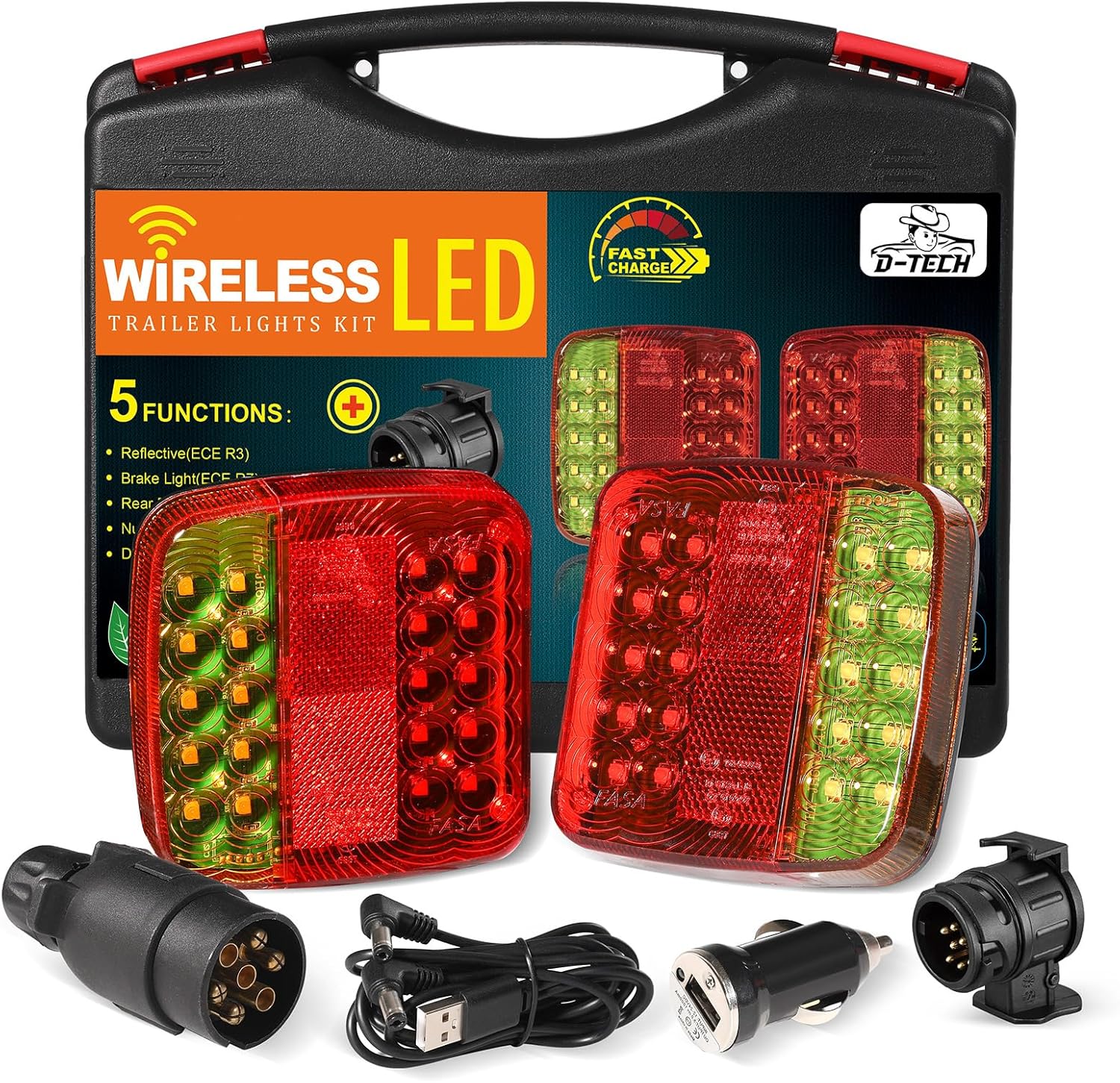 D-TECH LED feux arrière de remorque magnétique sans fil,Rechargeable Feux arrière de remorque sans fil avec adaptateur 13 vers 7broches,kit éclairage arrière feu led wifi,IP65 étanche,Approuvé ECE