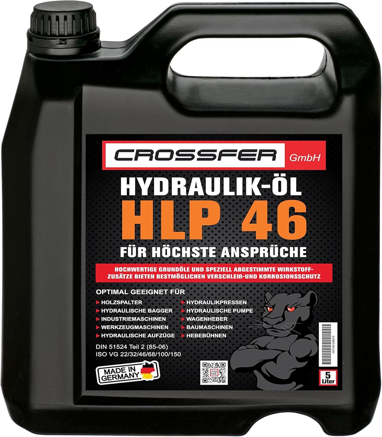 CROSSFER Huile hydraulique HLP46 5 litres pour presses hydrauliques, fendeur de bois, cric, fluide hydraulique viscosité 46 mm