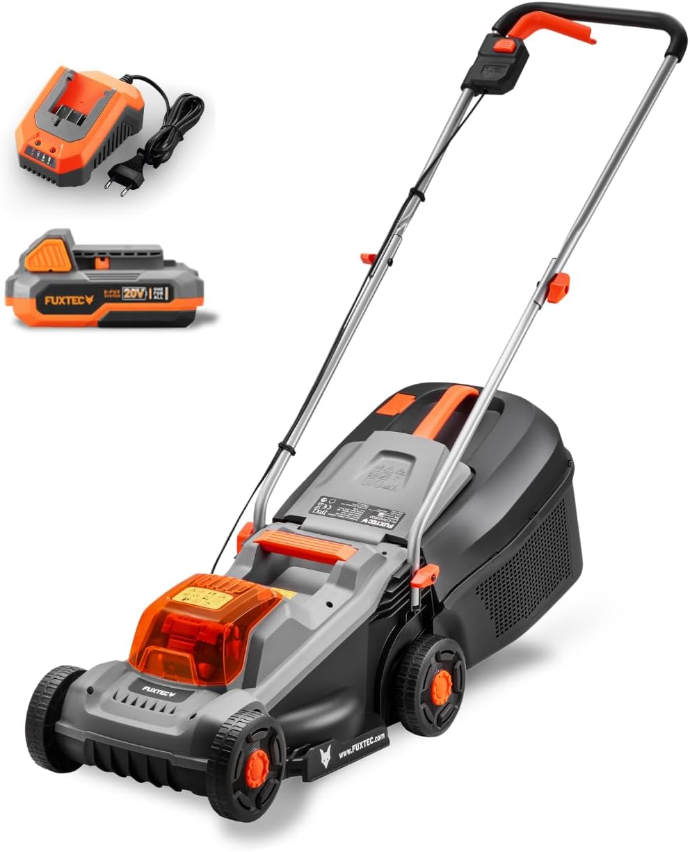 Tondeuse à Gazon sans Fil 20 V FX-E1RM20-ECO-SET, Batterie 4Ah + Chargeur, pour Jardins Petits à Moyens, Largeur de Coupe 30 cm, bac 30L, Hauteur de Coupe 30-70 mm
