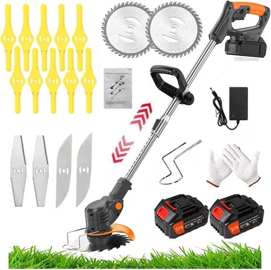 Coupe Bordure sans Fil avec Batterie, 21V Taille Haie Telescopique Débroussailleuses avec Batterie et Lame de Rechange Tête Réglable et Poignée Télescopique pour Pelouse Jardin Terrain Agricole