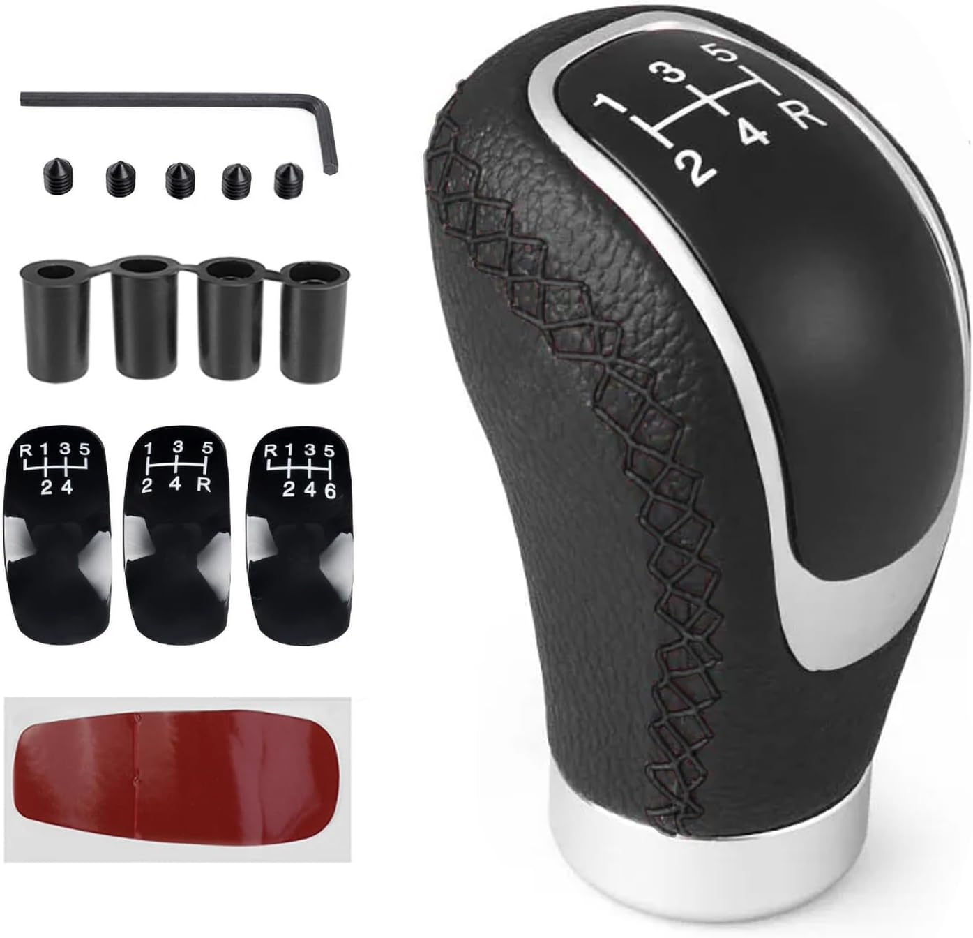 Juttzzei Pommeaux de Leviers de Vitesse, Universel 5 Vitesses 6 Vitesses Pommeau de Vitesse, Cuir PU de Manuel Levier de Vitesse avec 4 Adaptateurs 8mm 10mm 11mm 12mm pour Les Voitures Manuelles-Noir