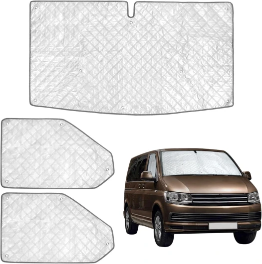 QWORK® 3 pièces Pare-Soleil Intérieure pour Pare-Brise et Vitres Latérales Compatible avec VW T5 T6 LWB - Tapis Thermique avec Ventouses