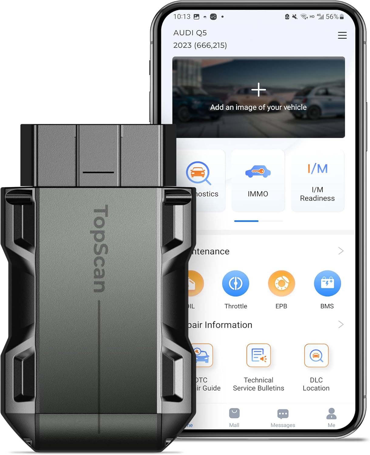Topscan Lite Scanner OBD2 Bluetooth, Outil de Diagnostic sans Fil OBDII pour Tous Les Systèmes Test Actif Lecteur Codes de Voiture Test du Véhicule pour iPhone Android, Logiciels 1 an Gratuit