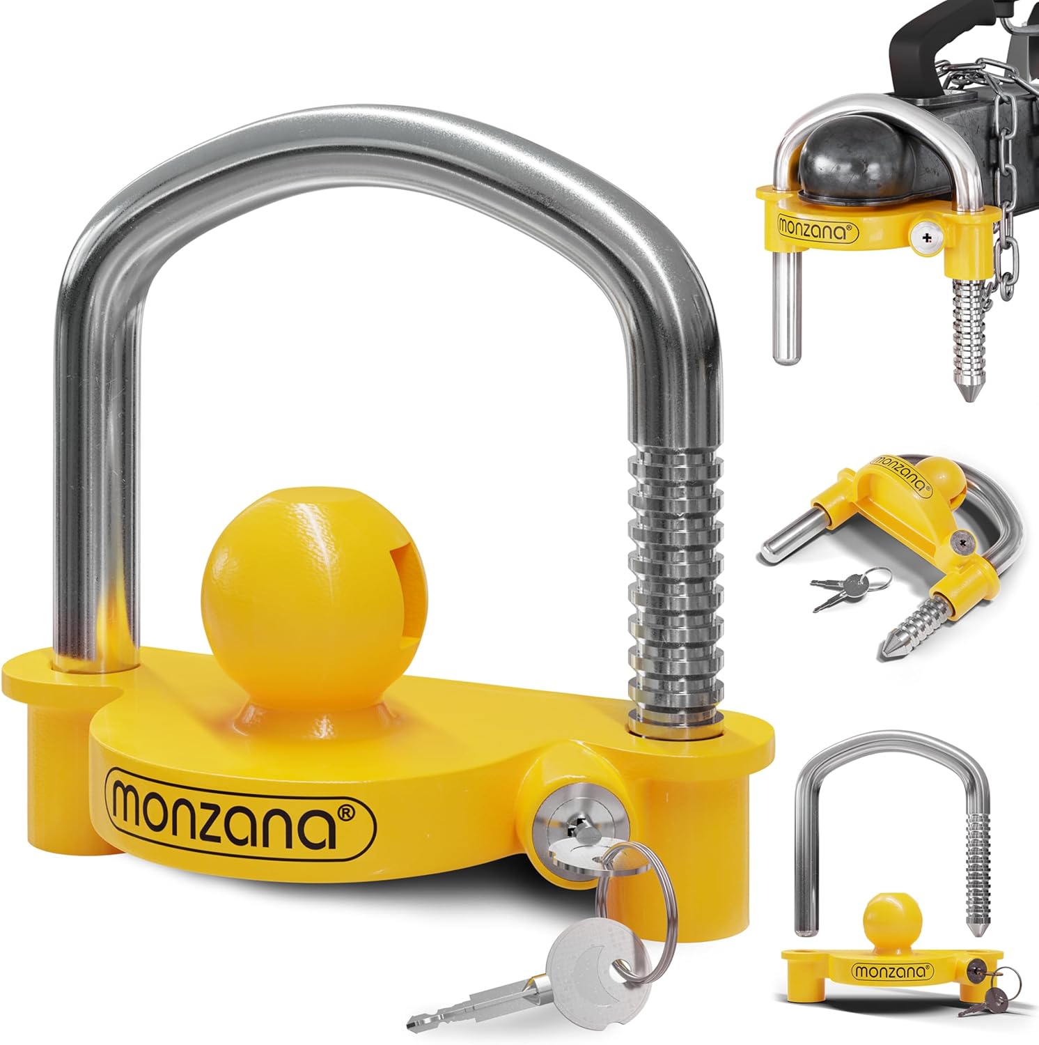 Monzana® Antivol Jaune verrou d'attelage de remorque Universel tête d'attelage 50 mm Cadenas remorque avec Anneau 2 clés