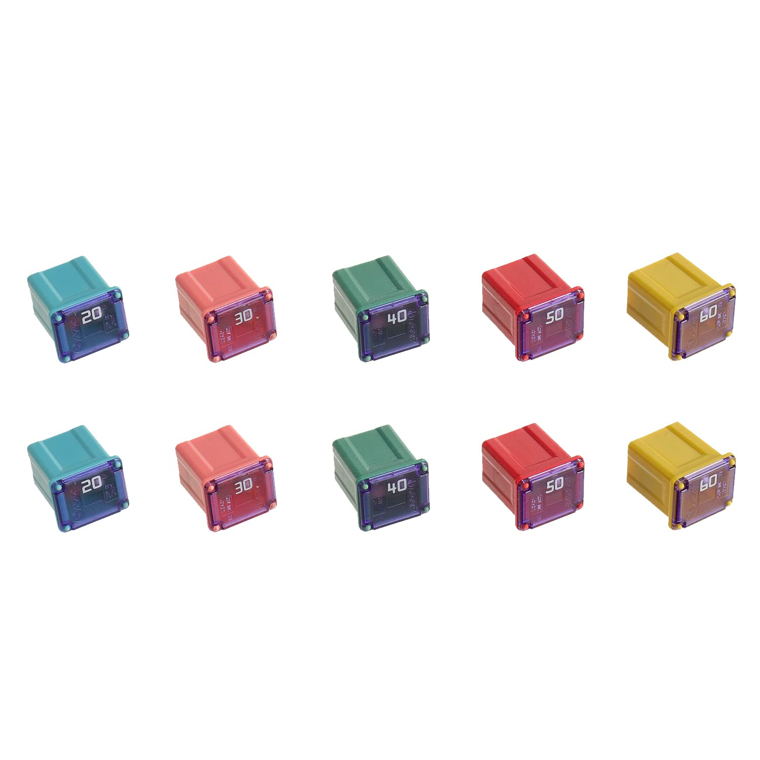 BOJACK Jcase Fusible Assortiment 20A 30A 40A 50A 60A Kit de Fusibles en Forme de Boîte à Profil Bas pour Camions ＆ Voitures (Lot de 10, 2 pour chaque Ampérage)