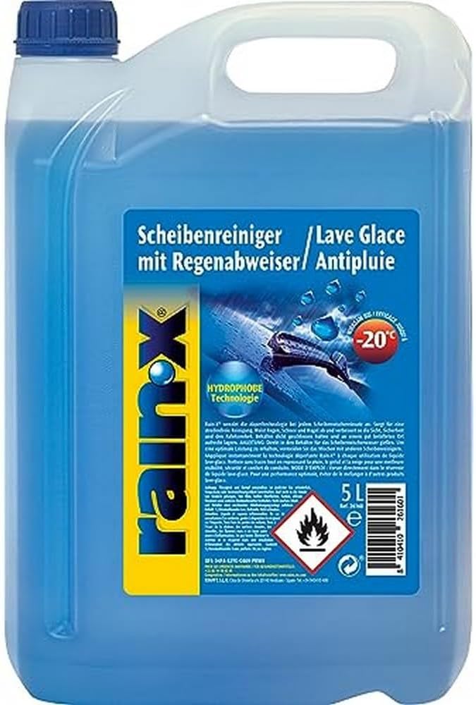 Rain-X Lave-Glace Anti-Pluie – Technologie Hydrophobe pour Visibilité Optimale – Protection Antigel Jusqu’à -20°C – Formule sans Méthanol – 5L