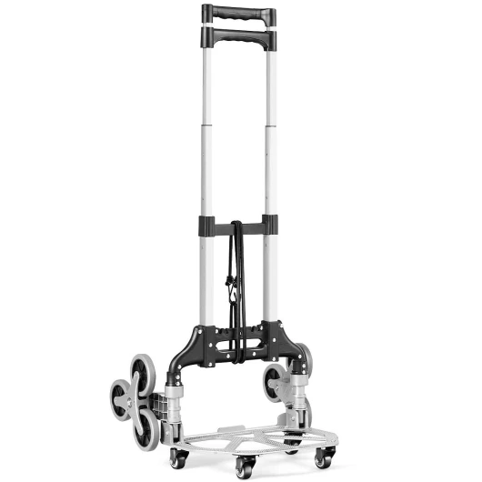 Diable Pliable 3 Roues en Aluminium, Chariot d’Escalier avec Corde de Fixation, Poignée Télescopique en 3 Positions 63-106CM, Charge 80KG, Diable pour Manutention, Course, Déménagement