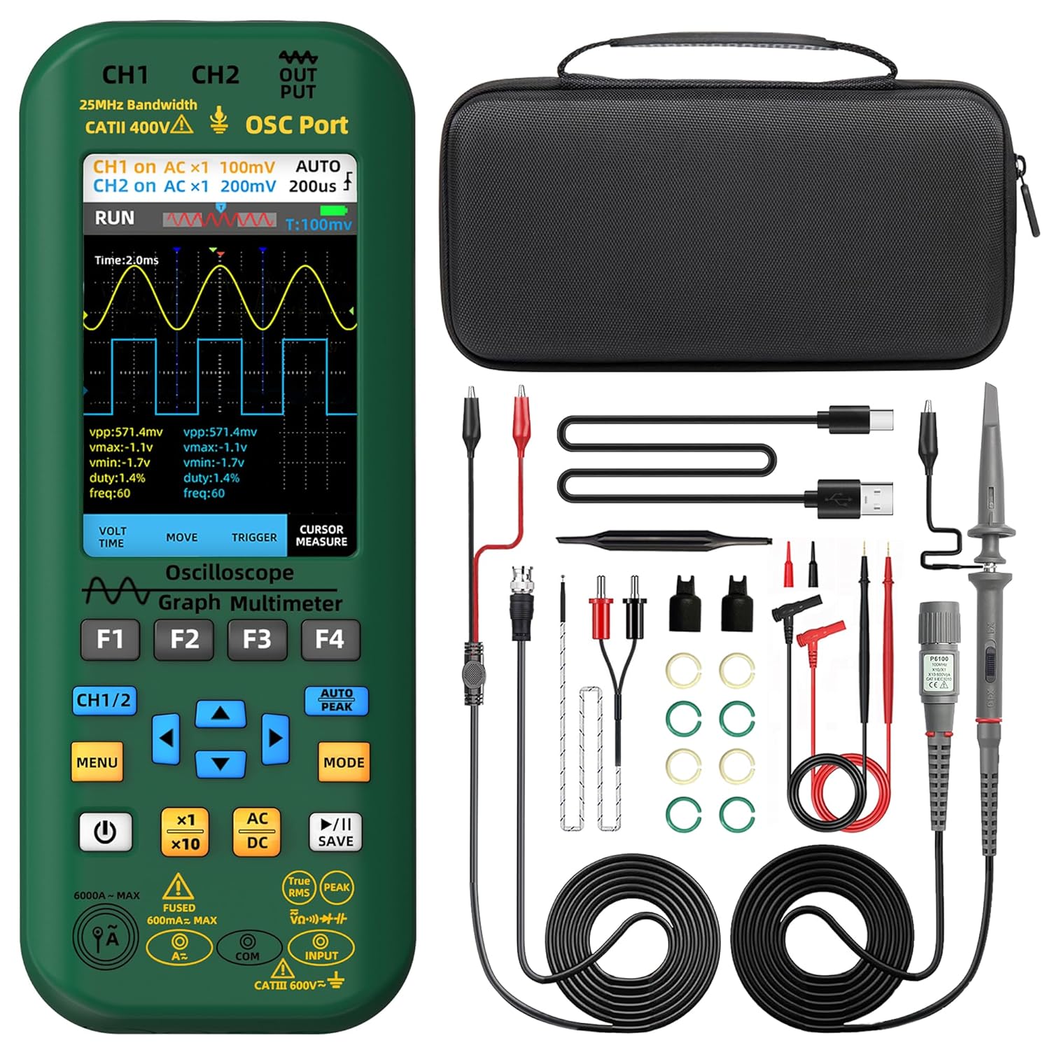 BSIDE O7 Oscilloscope Numérique Portable 2 Canaux avec Multimètre TRMS Générateur de Signal Grand Écran 3,98 Pouces 25MHz 208MSa/s Testeur Oscilloscope Rechargeable 5000mAh Mesure Courant 6000A