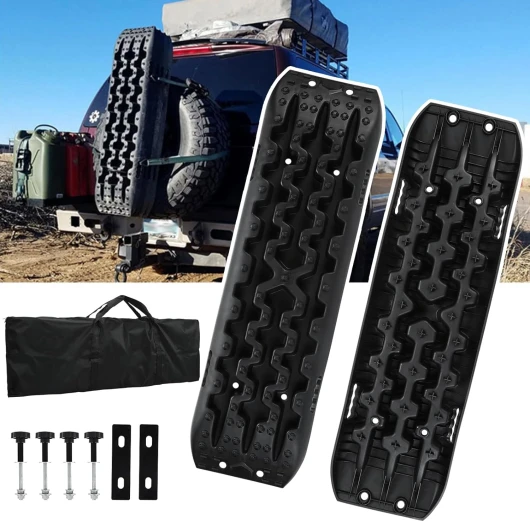 Eulenke Lot de 2 plaques de sable tout-terrain, aide au démarrage, camping-car, tapis de traction pour voiture, camion, SUV, planche de récupération avec sac de rangement et goupilles de fixation (2
