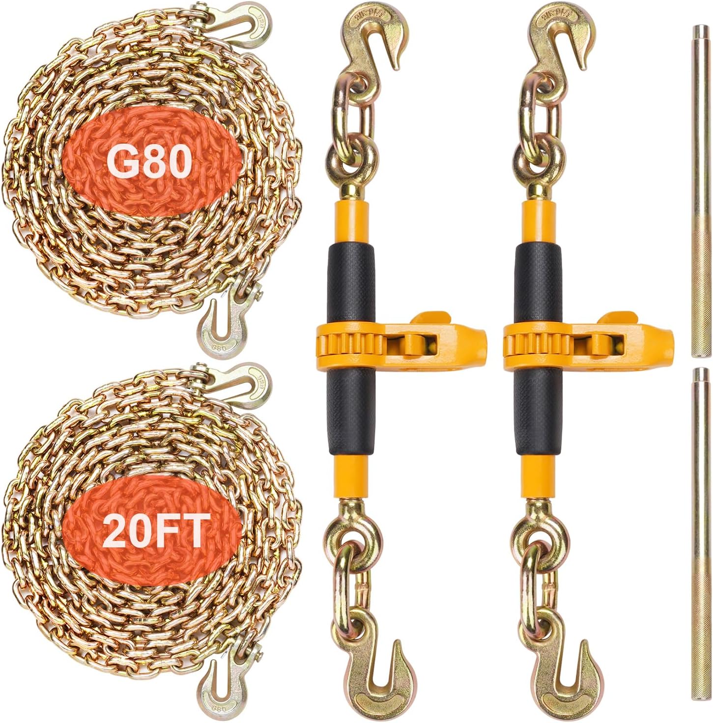 Chaîne d'Arrimage à Tendeur Lot de 2 Classeur à Chaîne G80 à Cliquet 0,9-1,27 cm Capacité de Charge 5443 kg Poignée Antidérapante pour Sécuriser les Charges, Transport, Remorque Camion à Plateau