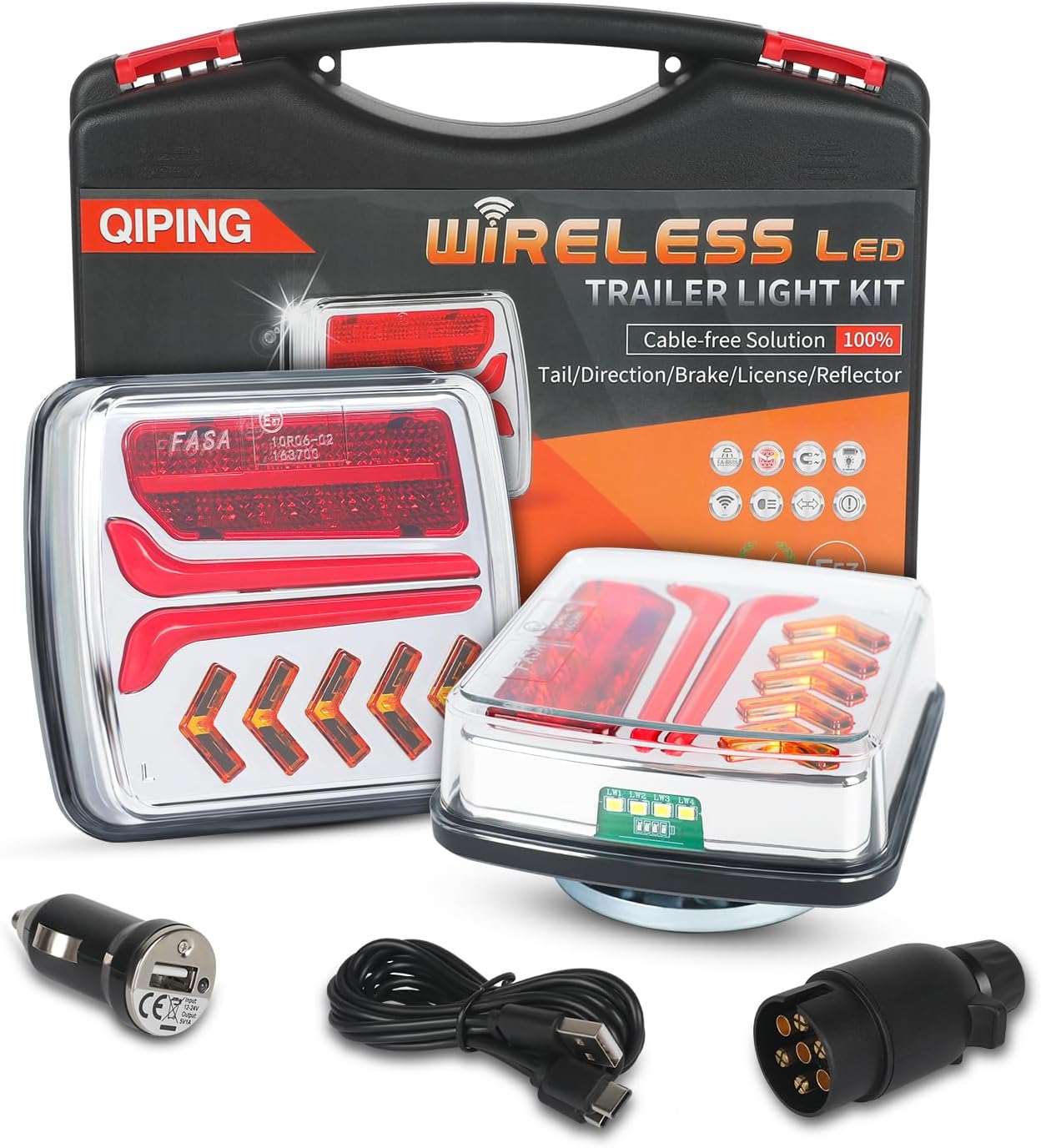 Feu remorque sans fil, magnétique 12v feux remorque approuvé ECE pour voiture camion caravan, étanche rechargeable, feu arriere remorque avec prise 7 broches