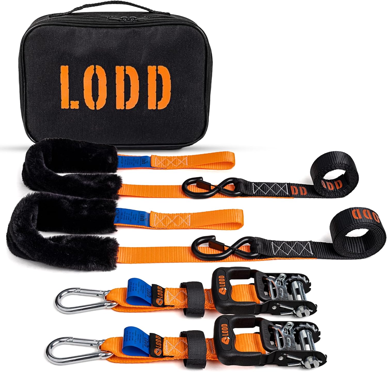 Sangles Moto à Cliquets et Boucles avec Protection en Fourrure Synthétique - Sangles d'Arrimage Résistantes 1500kg - 38mm de Large - Crochets Sécurisés Moto, Quad - Valise Transport Incluse