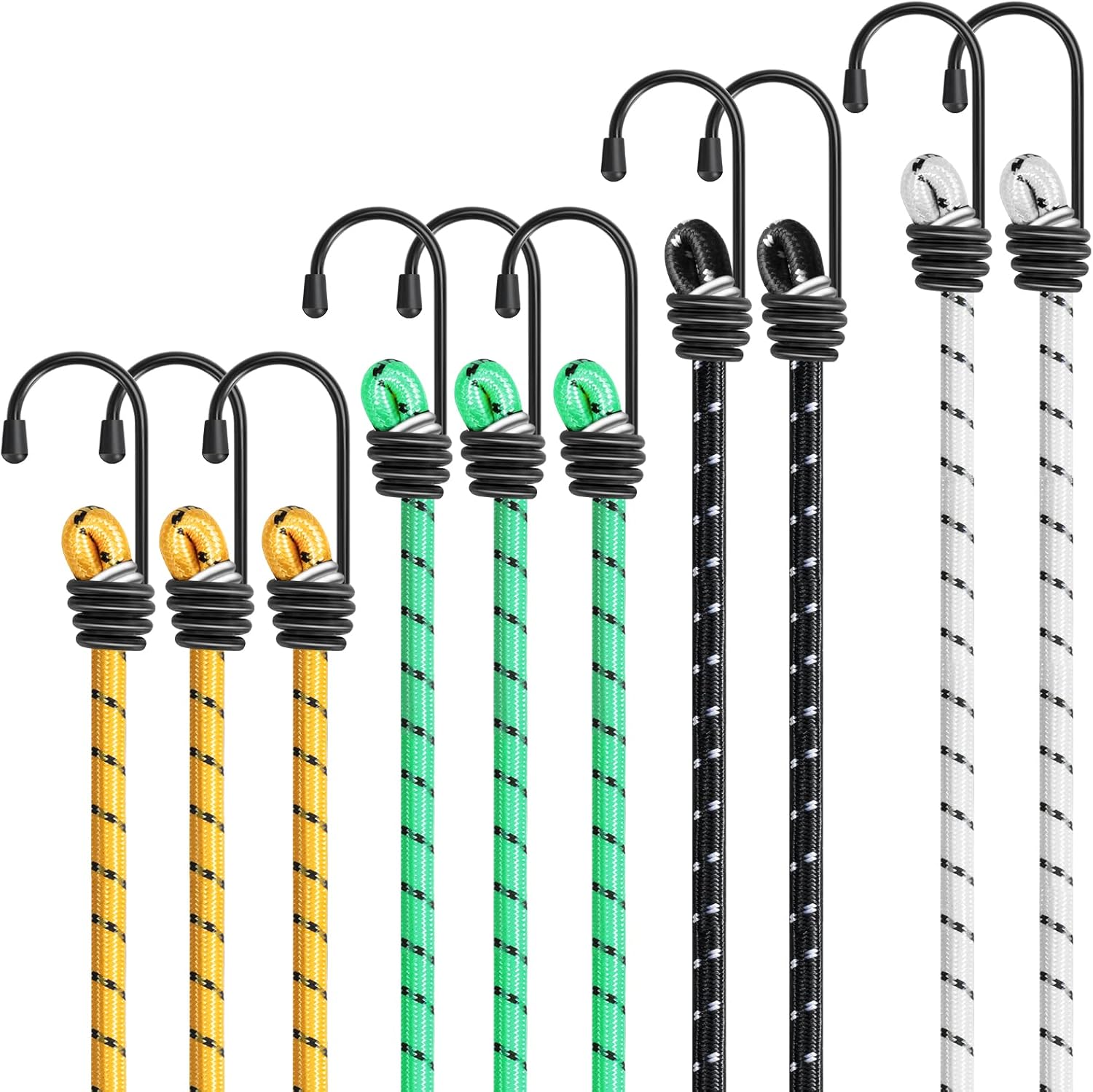 Cordes élastiques Tendeur Robuste Lot de 10 pièces en 4 Couleurs 4 Dimensions Bungee Cords avec Crochets pour la Protection des Meubles, des Chariots, des tentes de Camping, des Motos E10
