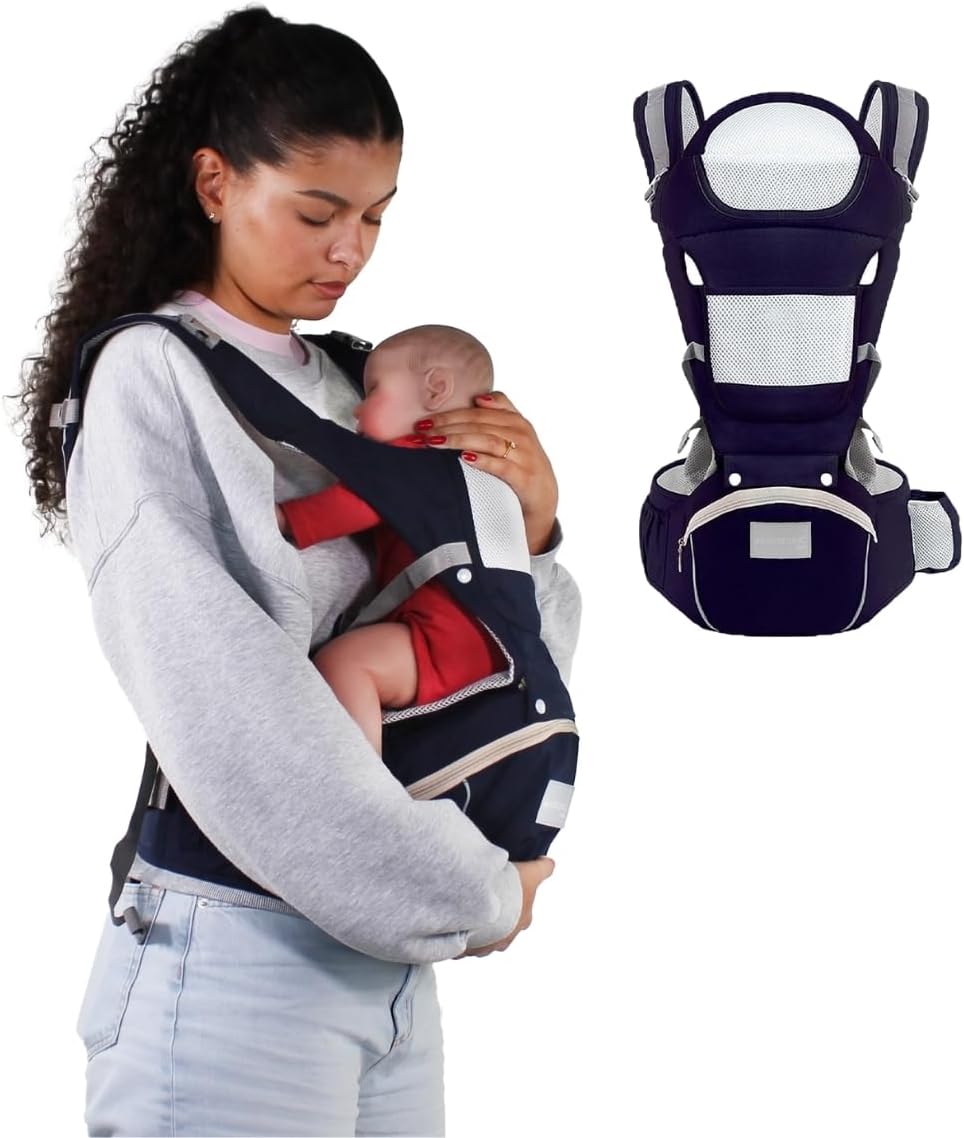 ® kids, Porte-bébé, 6 en 1, Moley, Multiposition, Pliable, Poche zippée, Porte-biberon, Coton premium doux, 0-36 mois, Pour nouveau-nés et enfants (bleu marine)