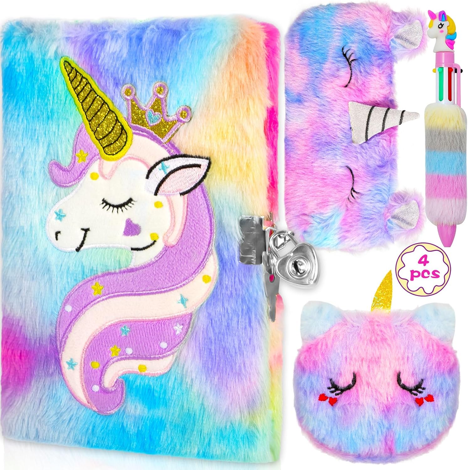ZPQAODI Lot de 4 Journal Intimes en Peluche Licorne Fille Avec Cadenas,160 Pages, Carnet de Notes Double Face, Journal Secret avec Porte-Monnaie Licorne, Stylo, Trousse à Crayons, Cadeaux Pour Enfants