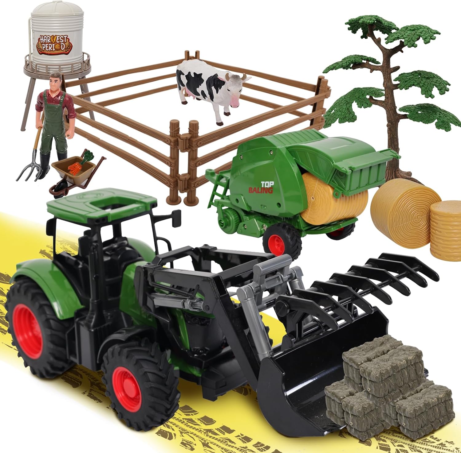Jouets Tracteur de Ferme avec remorque de fenaison, Grange, Fermier, Vache, Outils de Ferme, Arbre pour Les Enfants en Bas âge Garçons Filles 3-7 Ans