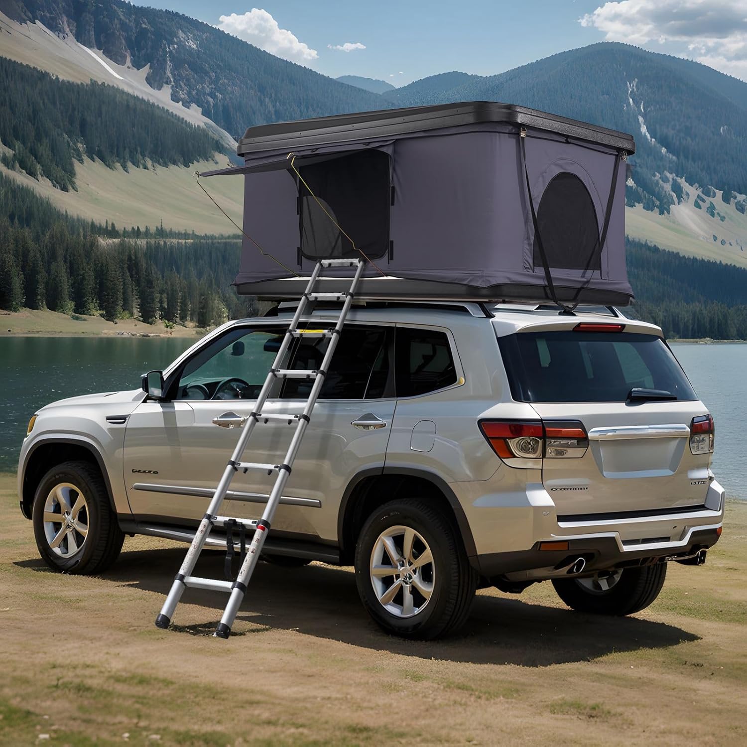 Tente de Toit pour 2-3 Personnes, Tente de Camping pour Véhicules Pliable et Imperméable, avec Échelle Télescopique, Matelas et Housse, pour Jeep SUV Pick-up Camion Voitures, Voyage