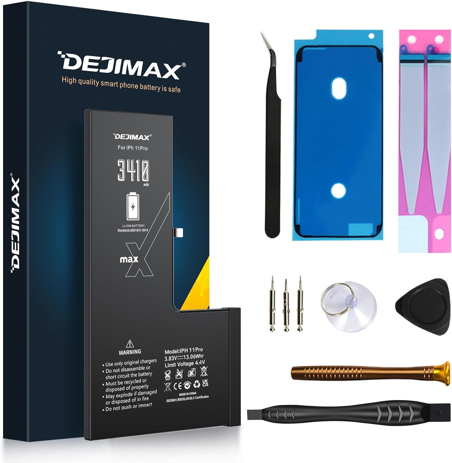 Batterie pour iPhone 11 Pro, 3410mAh Batterie de Remplacement avec Trousse à Outils et Bandes Adhésives - Neuve à 0 Cycles, Haute Performance, Facile à Installer