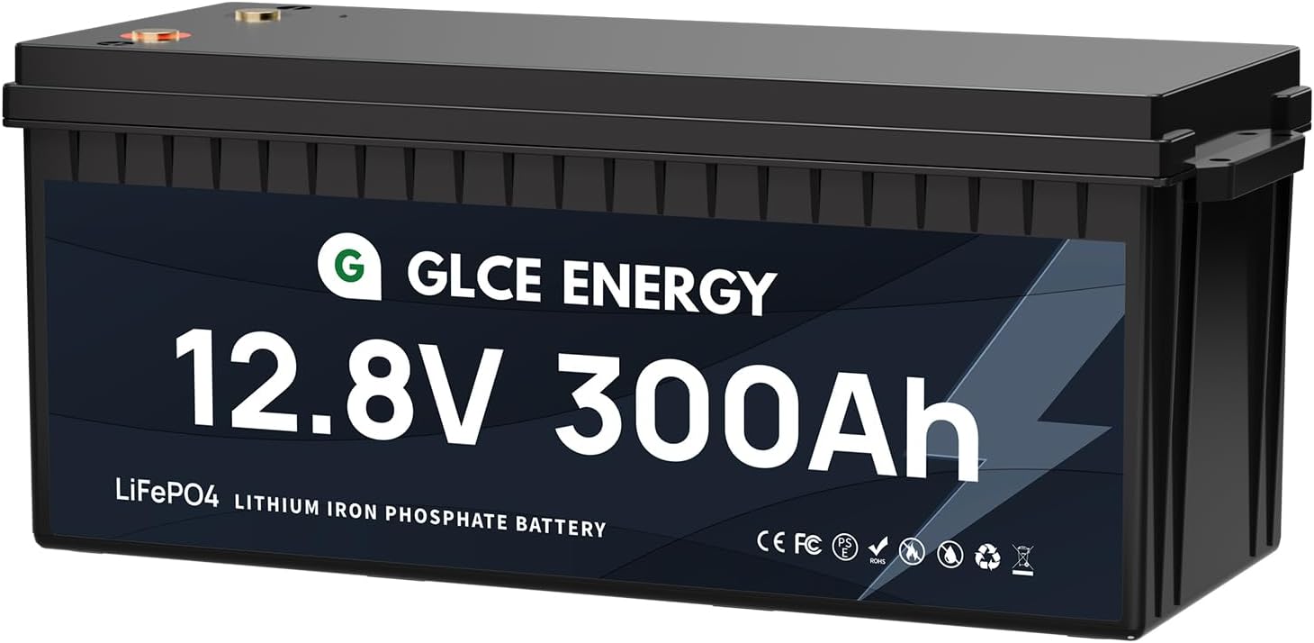 GLCE ENERGY Batterie LiFePO4 12V 300Ah, 3840Wh batterie au lithium avec cellules Grade A et BMS 200A, 4000~15000 cycles, Parfait pour le solaire, les camping-cars, les applications domestiques