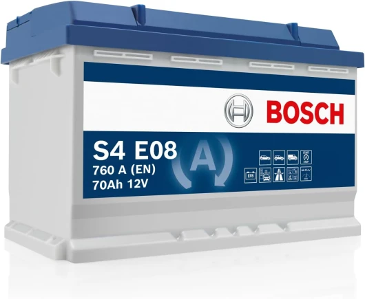 Bosch S4 E08 Batterie Auto 70 A/h - 760 A - Batterie 12 V, EFB Plomb-acide pour Véhicules avec Système Start/Stop, Polarité Gauche (-) Droite (+), 278 x 175 x 190 mm
