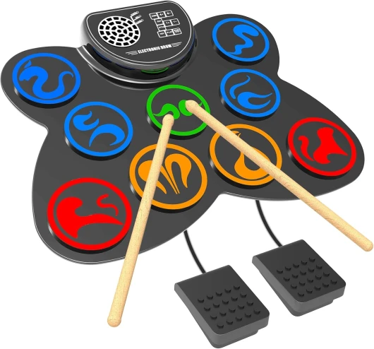 Batterie Électronique, CNAPXAIA Kit Batterie Enfants Portable avec Haut-Parleur Stéréo Intégré, Batterie Instrument de Musique en Silicone à 9 Pads Cadeaux pour Anniversaire et Noël