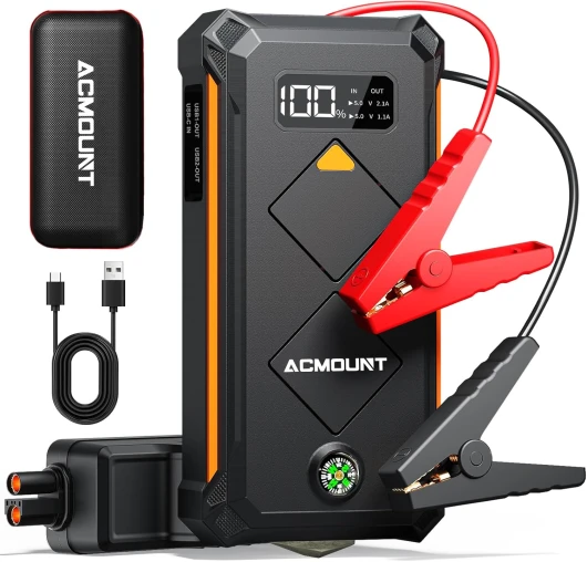 Booster Batterie Voiture 4000A, Demarreur Batterie Voiture (Jusqu’à 10L Essence & 8L Diesel), 12V Jump Starter avec Pinces de Sûreté Intelligentes, Lampe à LED, Grand Écran LCD