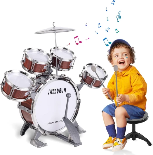 Batterie Enfant,Kit de Batterie pour Enfants Set 5 Tambours avec Tabouret,Percussion Musique Tambour,Jazz Rock Drum Set Anniversaire Enfant Noël pour Les Enfants à Partir de 3 4 5 6 Ans (Rouge)