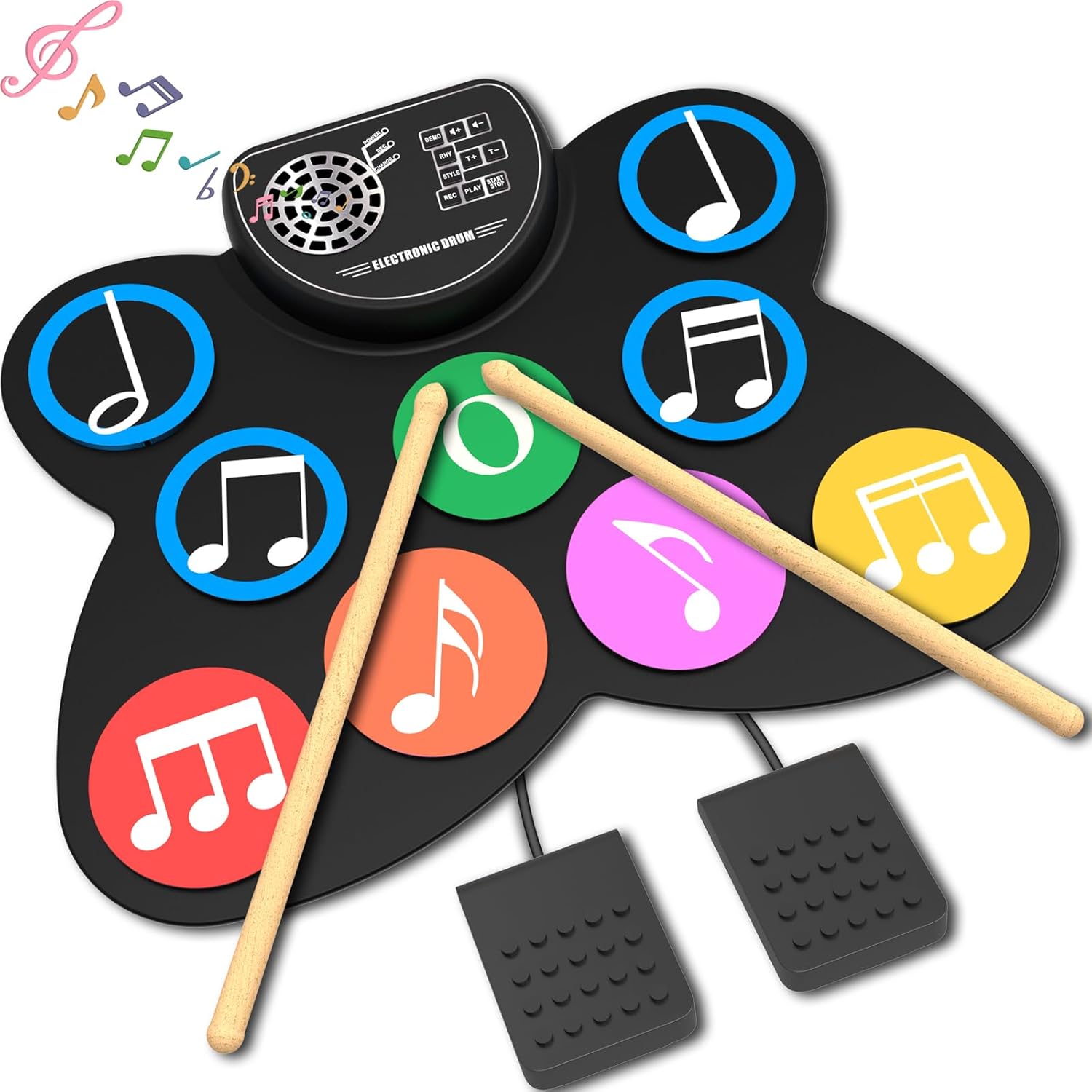 Clordeal Batterie Electronique Enfant - Portable et Repliable avec 9 Pads, 3 Toms, 2 Crashes, 1 Hi-hat, 1 Ride, 1 Snare, 1 Bass Drum, Haut-parleurs Intégrés et Prise Casque - Idéal pour Noël