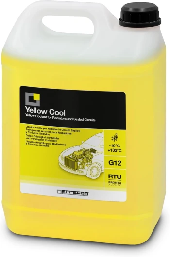 Yellow Cool, Liquide de Radiateur Jaune Fluorescent -10°C, antigel G12 avec Paquet d'inhibiteurs à Base Organique OAT, Prêt à l'emploi, 5 litres Jaune, G12, -10°c Prêt À L'emploi 5 Litres