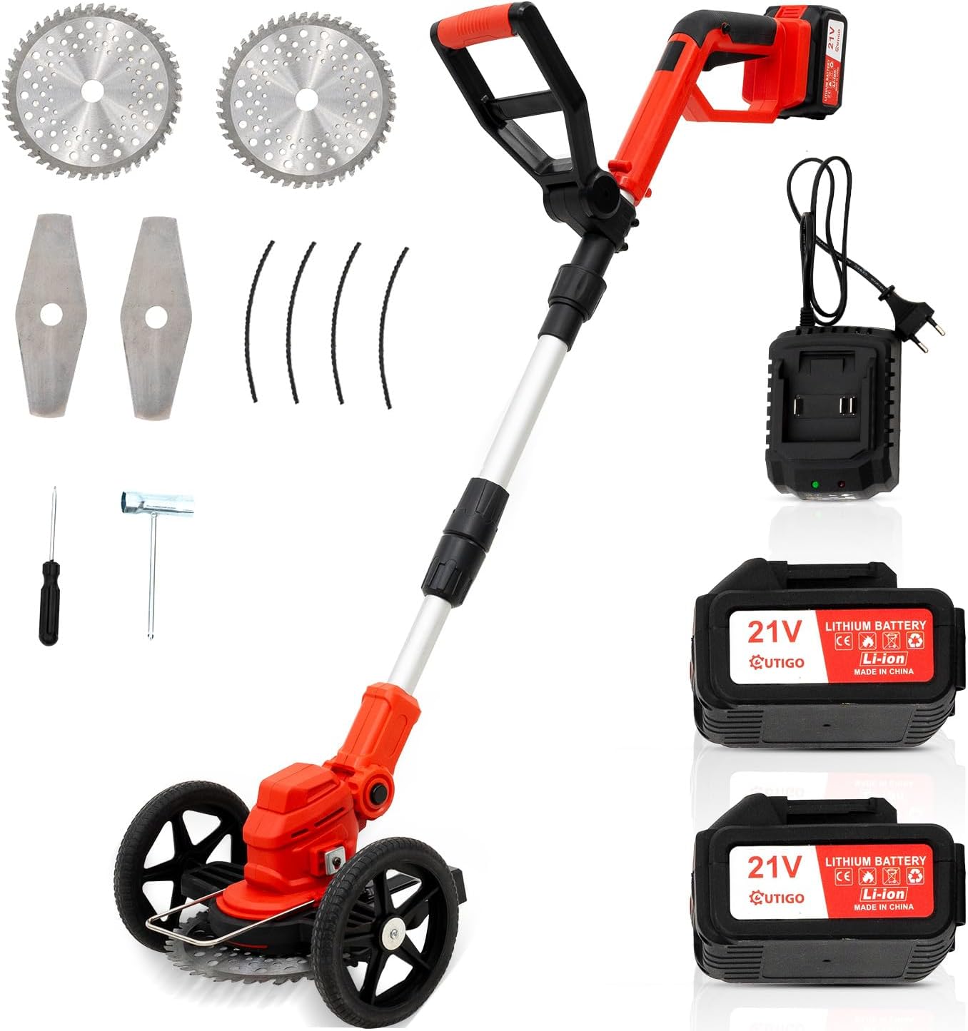 Debroussailleuse Electrique sans Fil Pliable, Débroussailleuse à Gazon sans balais avec 2 Batteries 4000mAh 21V, Débroussailleuse à Gazon Portable d'extérieur pour Couper l'herbe
