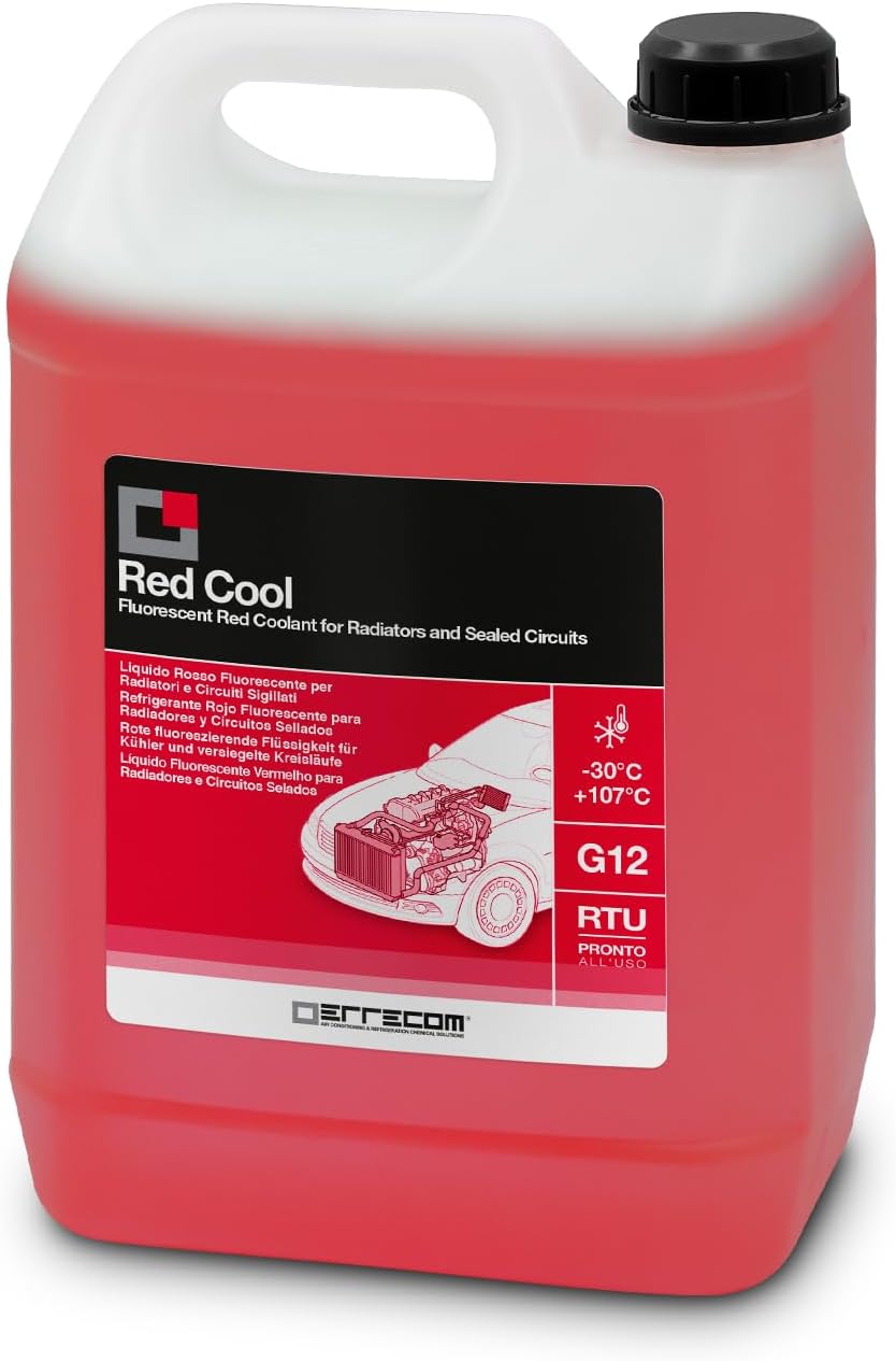 Red Cool, Liquide de Radiateur Rouge Fluorescent -30°C, antigel G12 avec Paquet d'inhibiteurs à Base Organique OAT, Prêt à l'emploi, 5 litres Rouge, G12, -30°c Prêt À L'emploi 5 Litres