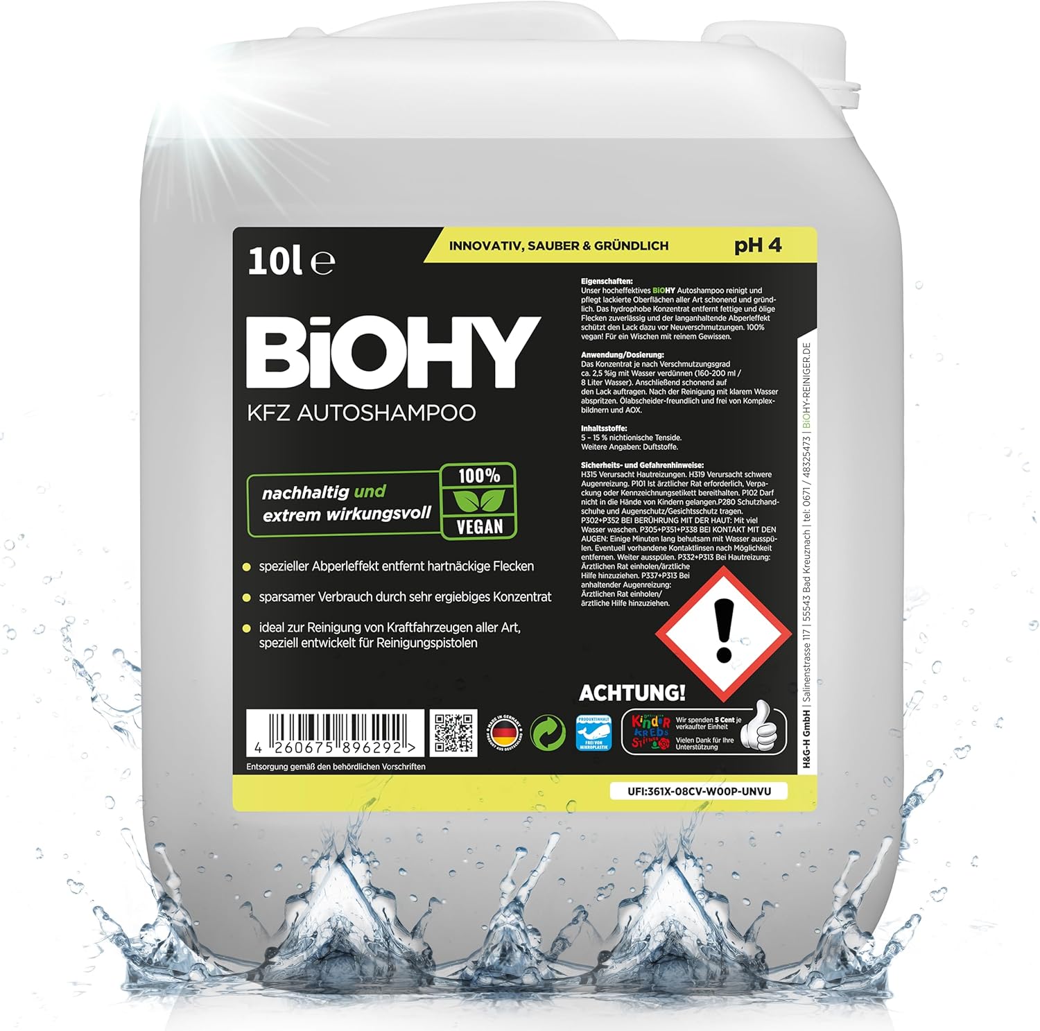 BiOHY Shampooing pour Voiture (Bidon de 10l) - Concentré d'un Excellent Pouvoir nettoyant et moussant - Crée Un Parfum Frais Durable (KFZ Autoshampoo)