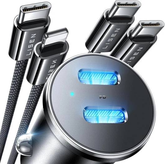 90W Allume Cigare USB c, 【CÂBLE USB C & CÂBLE Lightning】 Chargeur Rapide Prise Allume Cigare 12v Voiture Adaptateur téléphone Portable pour Automobile pour iPhone 16 15 14 Pro Max Samsung S24