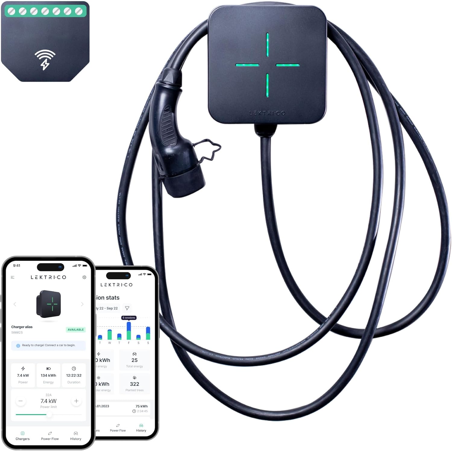 LEKTRI·CO – Chargeur pour EV 1P7K V2 - Borne de Recharge pour EV 7,4kW Hybride, Compatible photovoltaïque, monophasé 230V, Courant 6A-32A - Câble de Charge de 5 m pour EV - Connexion Wi-FI