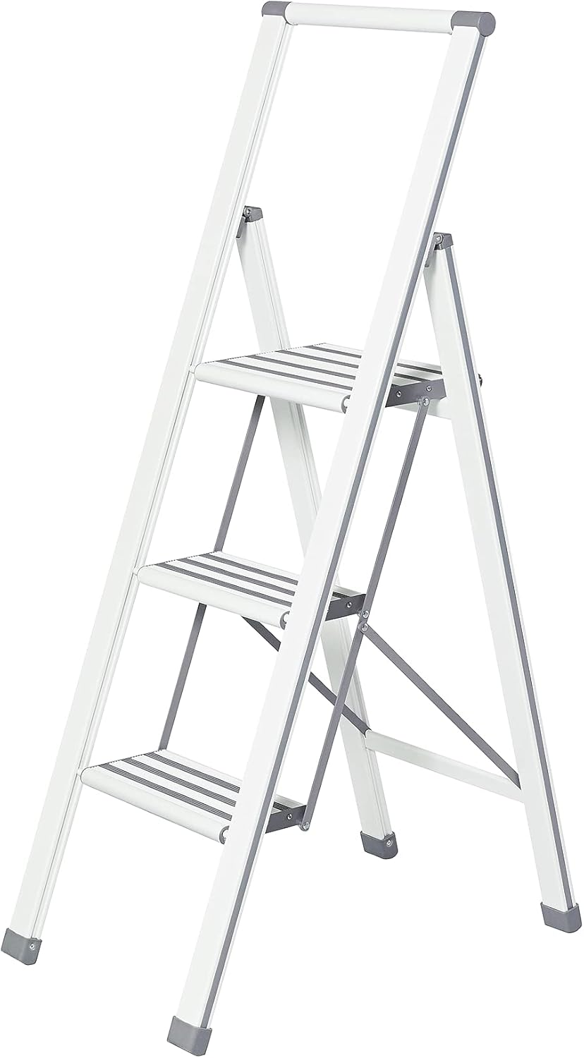 Escabeau 3 marches Design - Marches antidéparantes - Echelle légère et Pliante - Hauteur 75 centimètres-Ultra Fin- Aluminium - 44 x 119 x 5.5 cm - Blanc