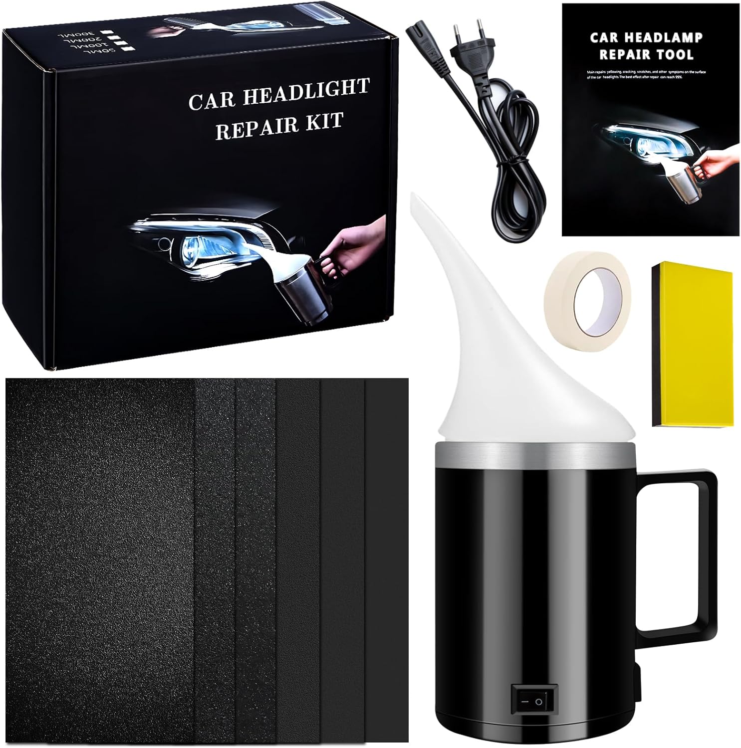 Kit Renovateur Phare Voiture, Kit Renovation Phare Voiture, Kit Polissage Phare Voiture, Kit de Restauration de Phares pour Auto et Moto, Kit Nettoyage Phare Voiture (Pas de Liquide de Réparation)