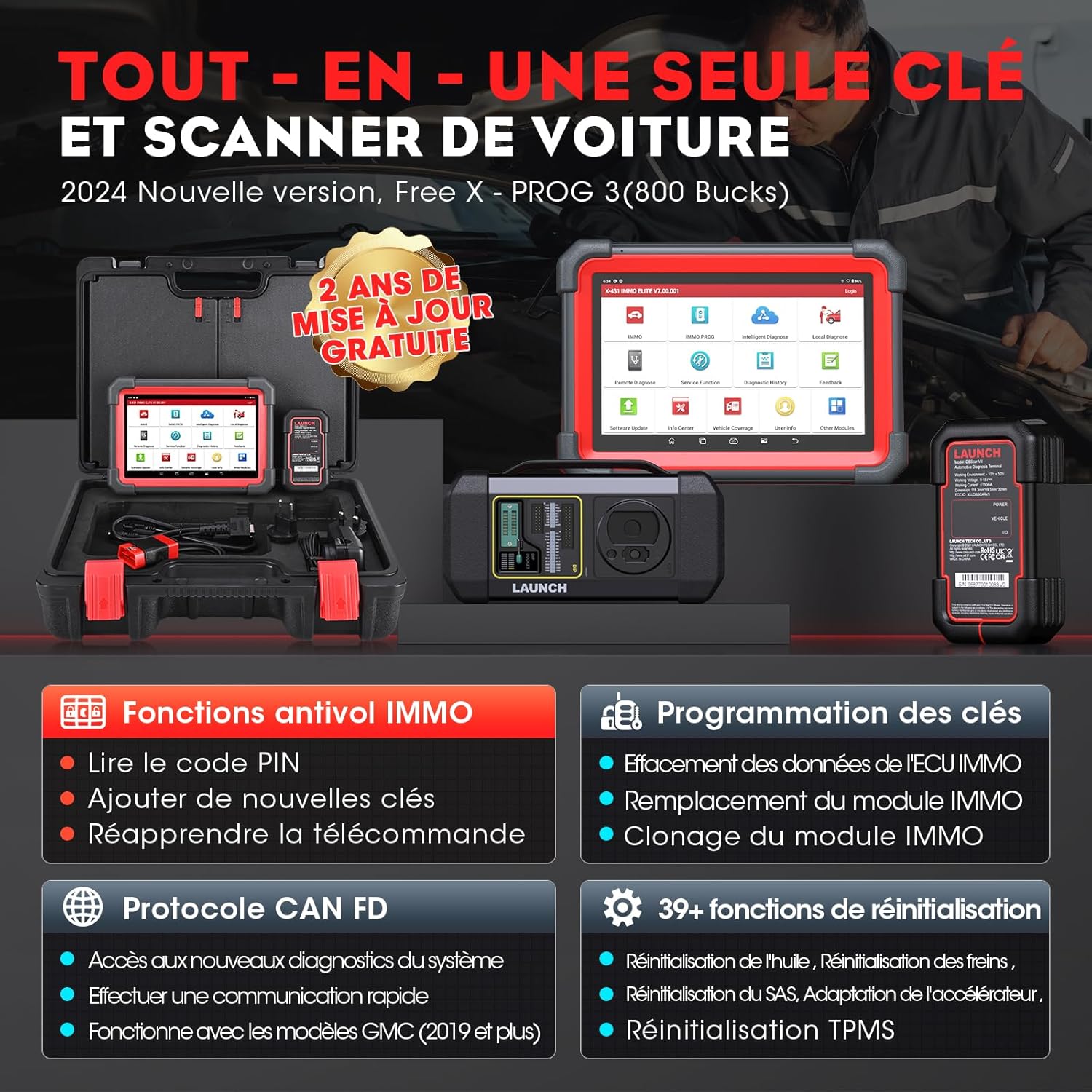 2023 X431 IMMO Elite Outil de Programmation de clés avec Le programmateur de clés X-PROG3, Outil de Diagnostic CANFD&DOIP, 39+ Services, Test Actif, Scanner de Tous Les systèmes